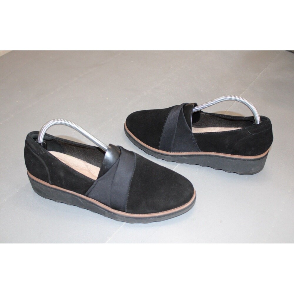 Clarks Sharon Pump Black Suede Slip On‎ Comfort Loafers Womens Size 10 Wedge